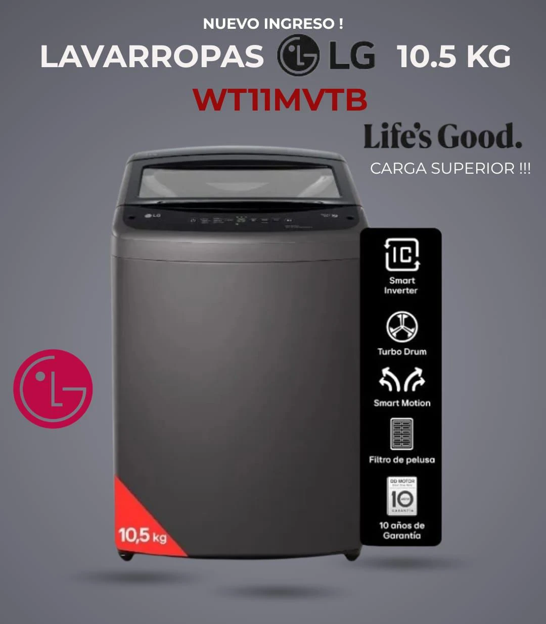 LAVARROPAS LG 10.5KG INVERTER NEGRO 