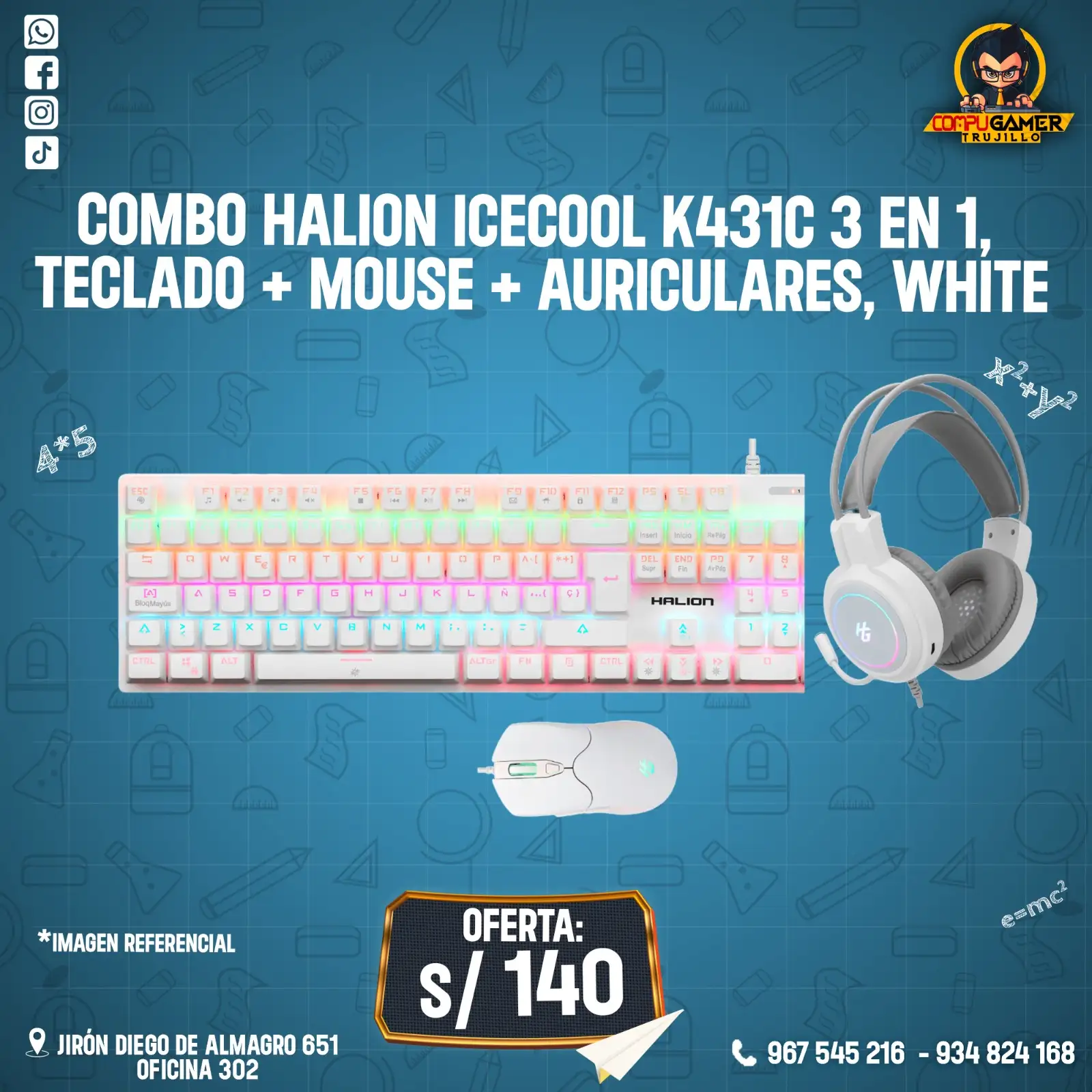 COMBO HALION ICECOOL K431C 3 EN 1, TECLADO + MOUSE + AUDÍFONO, WHITE 