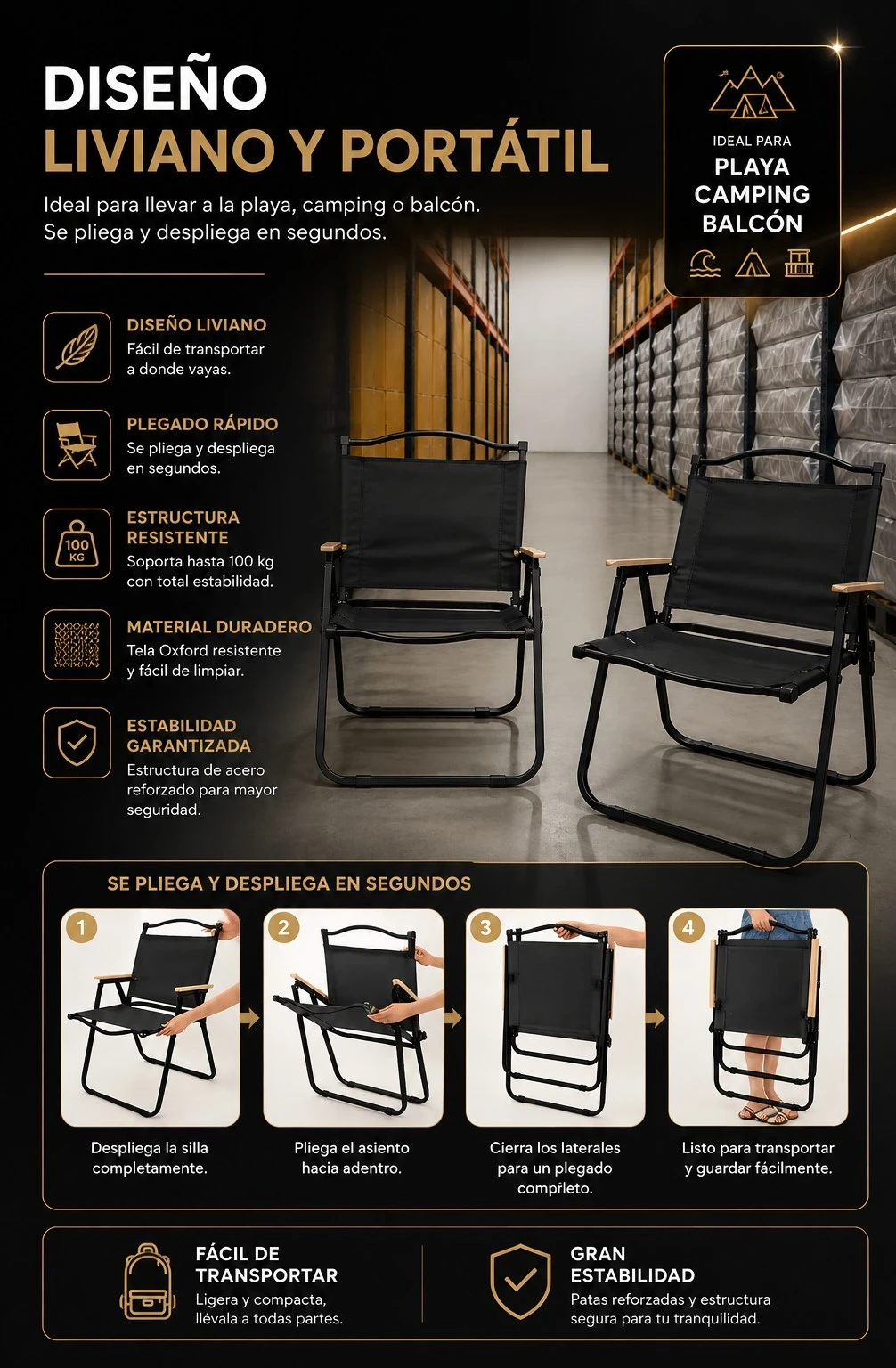 Silla estilo reposera plegable camping 