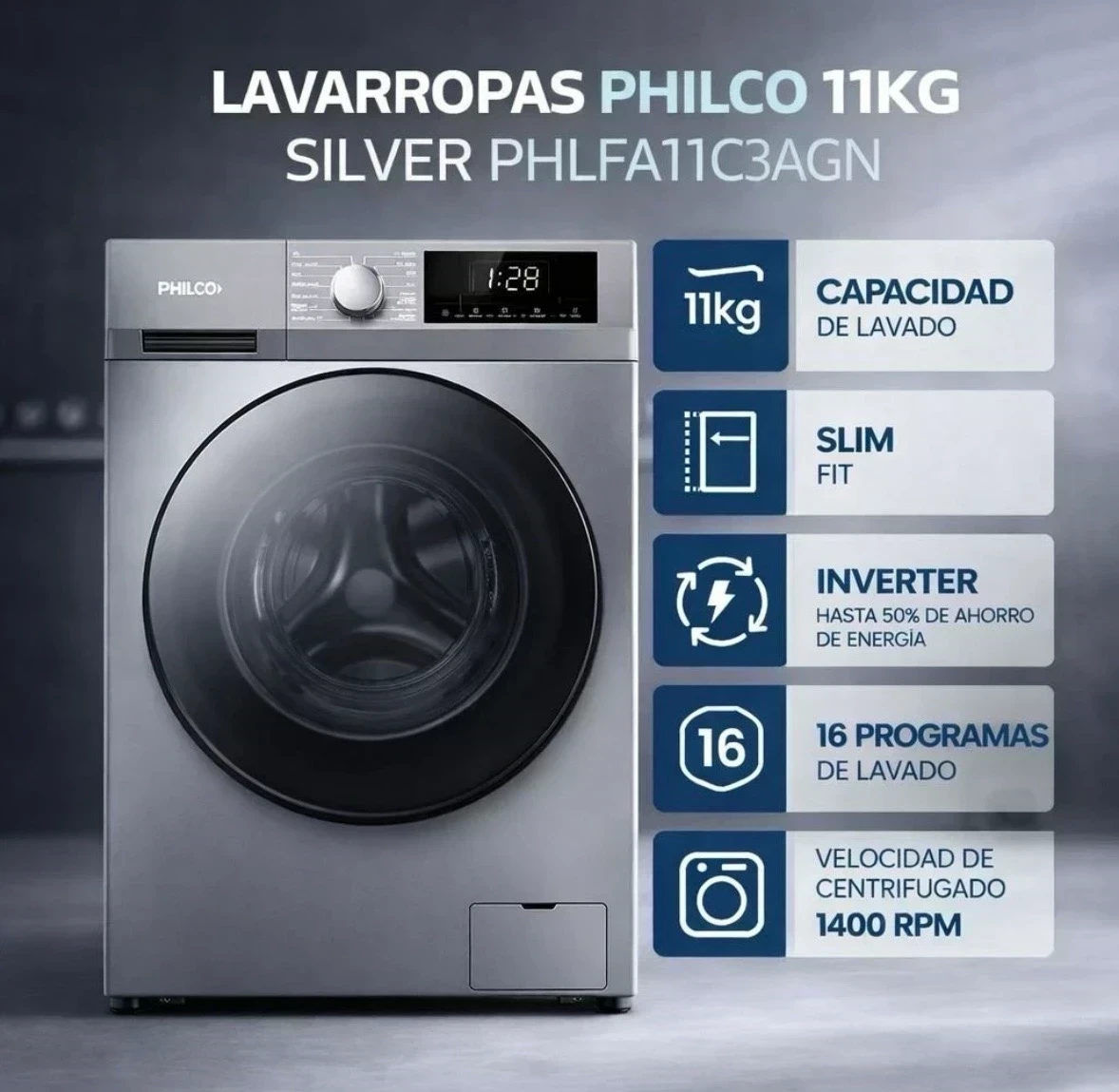 LAVARROPAS AUTOMÁTICO 11KG SILVER INVERTER