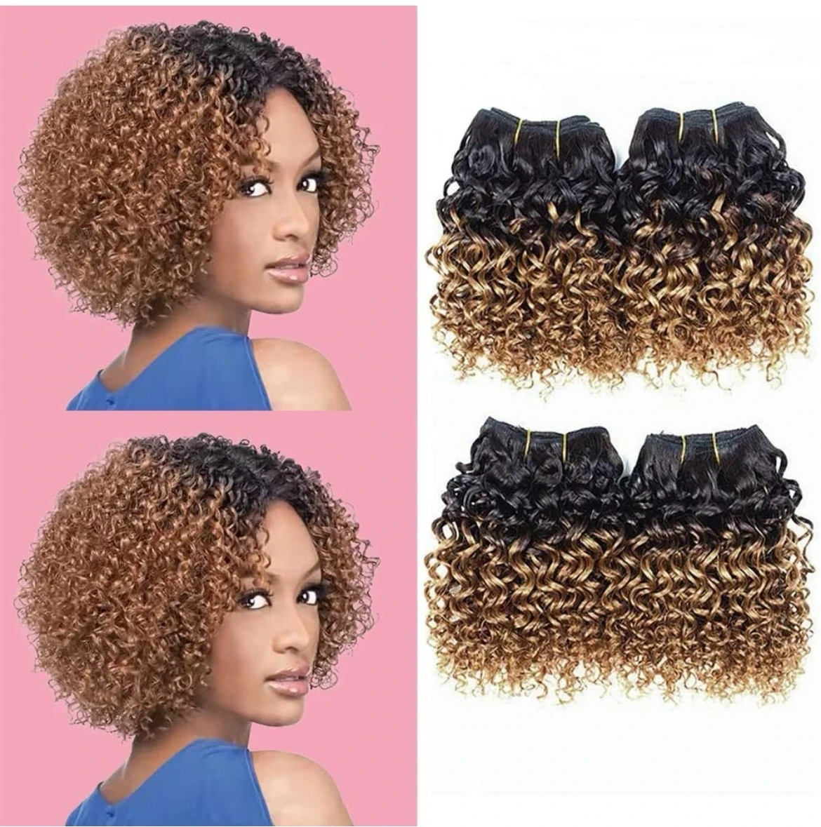 Paquetes de cabello humano rizado rizado de 8 pulgadas, 4 paquetes de cabello humano rizado 1B/30#, 1B/30#, cabello humano virgen brasileño 200g los 4