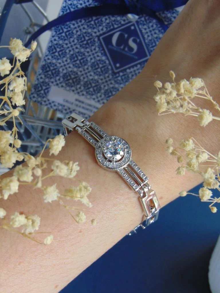 PULSERA RODIO PLATE MAXI CIRCON REDONDO ESLABON CUADRADO 1.3 | 18CM LARGO 
