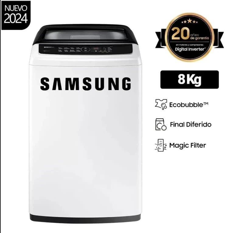Lavarropas Automática Samsung WA80CG4240BW con Carga Superior – Blanco 8KG