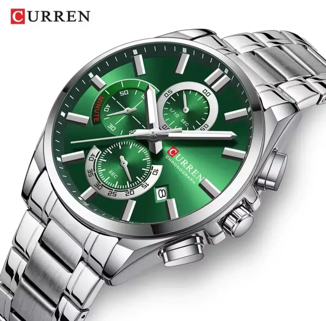 Reloj Curren Original Acero Cronografo 8475 Plateado Fondo Verde 2