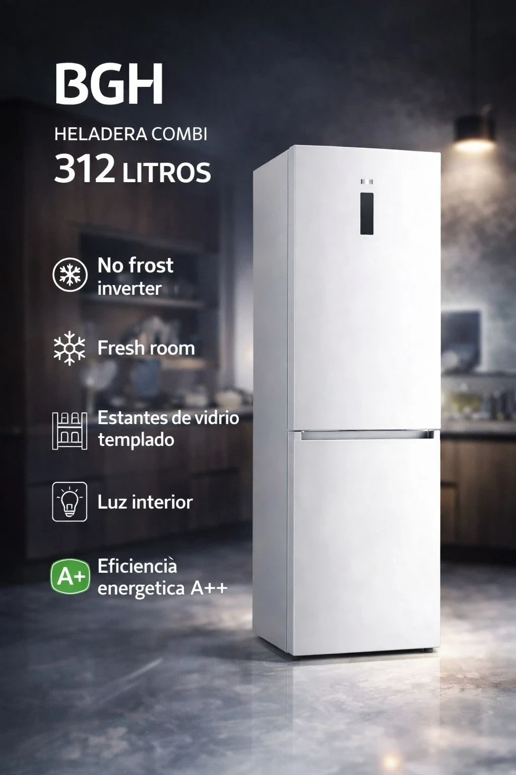 HELADERA BGH 312 LTS INVERTER SILVER NO FROST.  