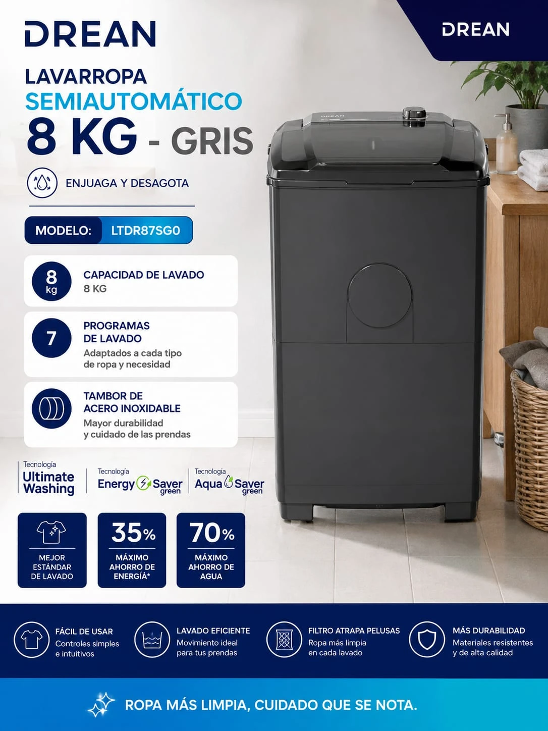 Lavarropas Drean Semiautomático 8Kg 