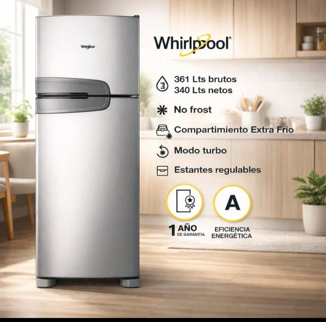 Heladera C/Freezer 340Lt Whirlpool  No Frost Inox