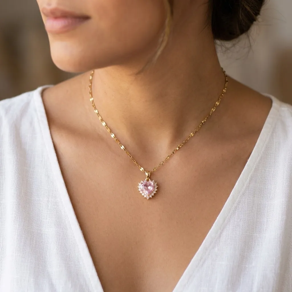 Cadena Y Dije En Acero Con Piedra Circon De Corazon Rosa 2