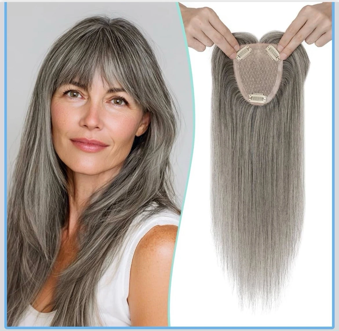 100% Cabello Humano Remy, 9 * 12CM Piezas de Cabello de Base de Seda con Flequillo 150% de Densidad, Toppers de Cabello Sal y Pimienta de 14 Pulgadas