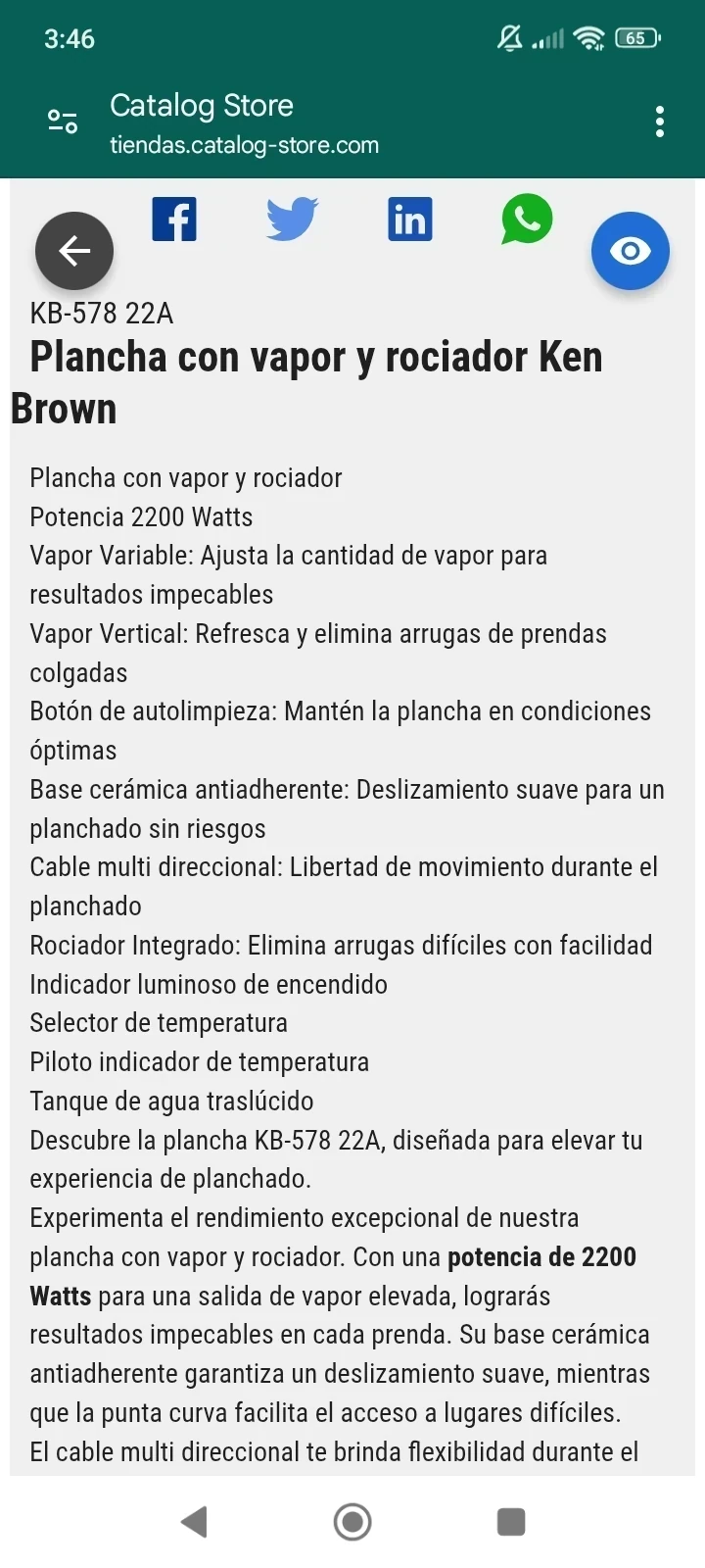PLANCHA CON VAPOR Y ROCIADOR KEN BROWN 6