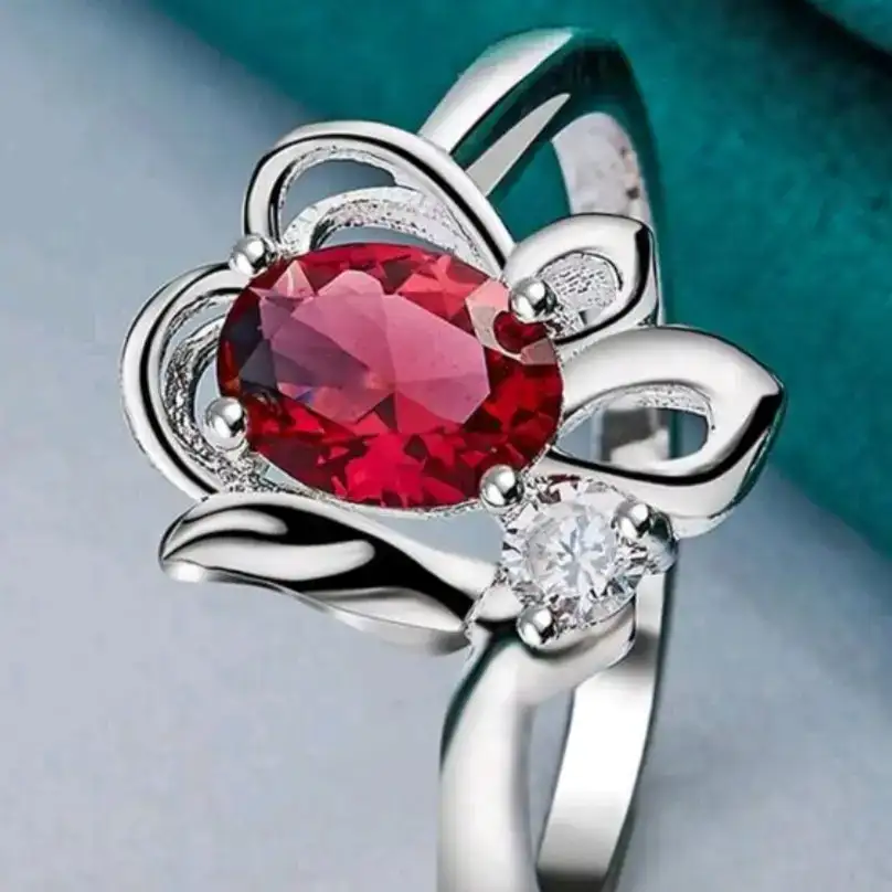 Anillo la Flor eterna plata ley 925 piedra rubí 