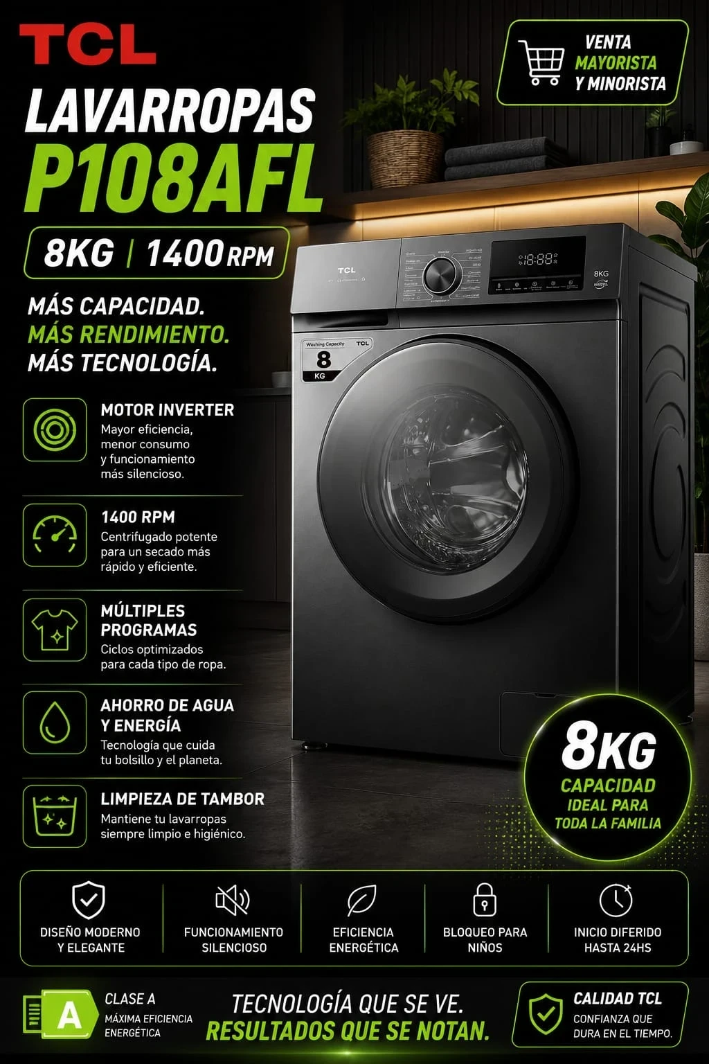 Lavarropas TCL 8KG  Silver