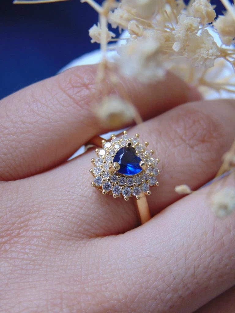 ANILLO ACERO DOR CORAZON AZUL MICROCIRCONES BLANCO