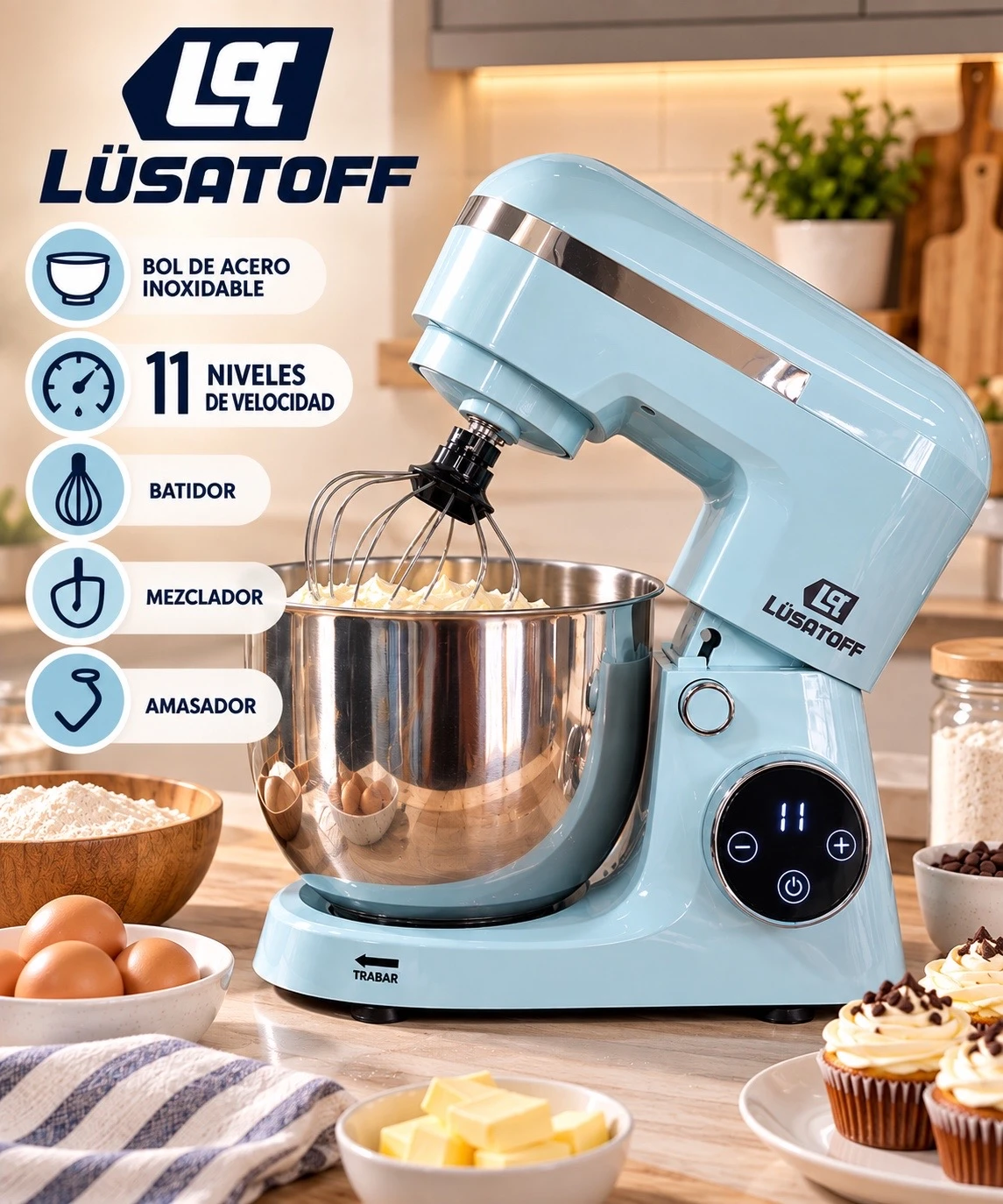 BATIDORA PLANETARIA LUSQTOFF BOWL ACERO INOX CONTROL TACTIL 1500W