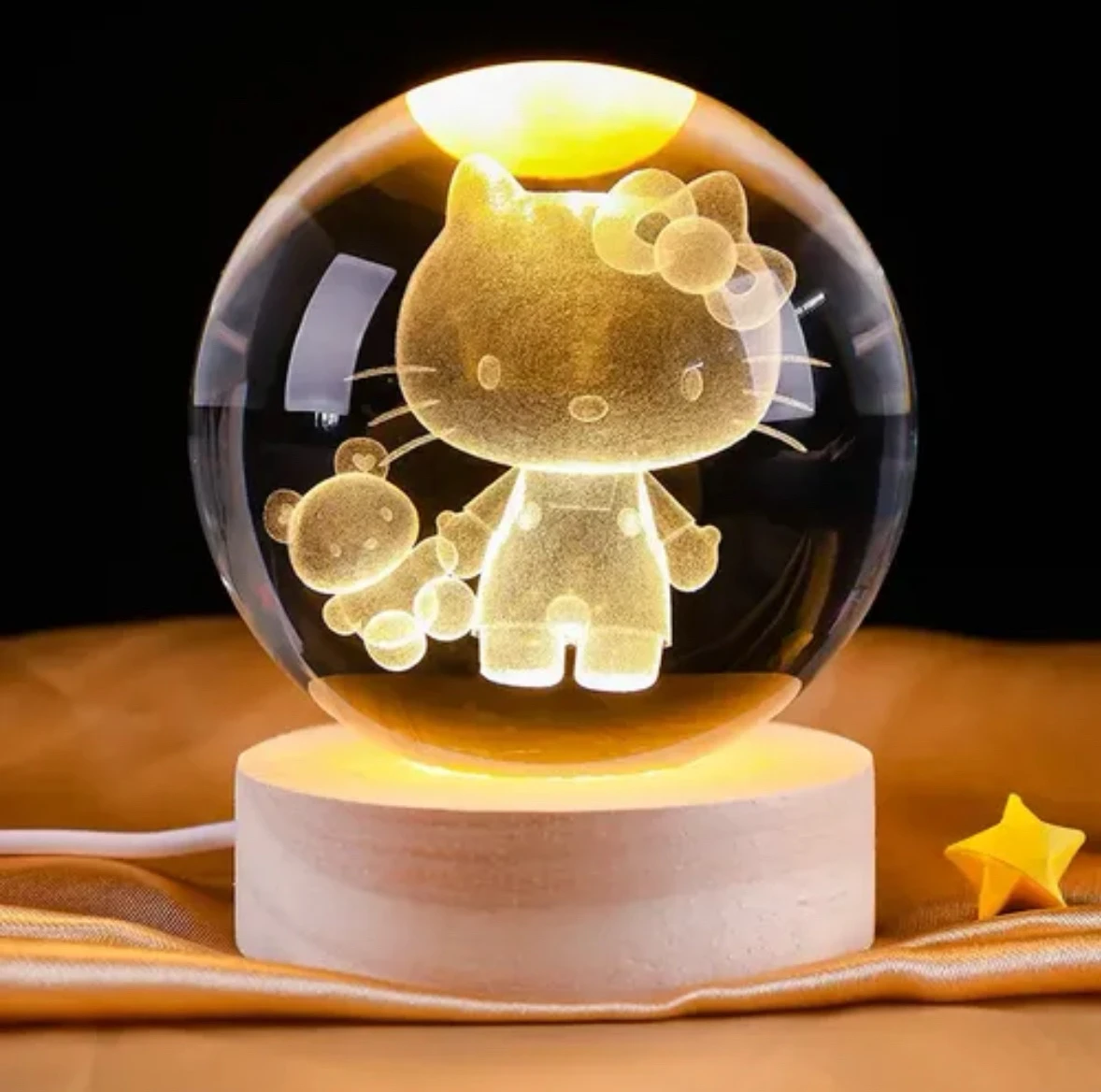 Lampara esfera de cristal 3D con base de madera LED