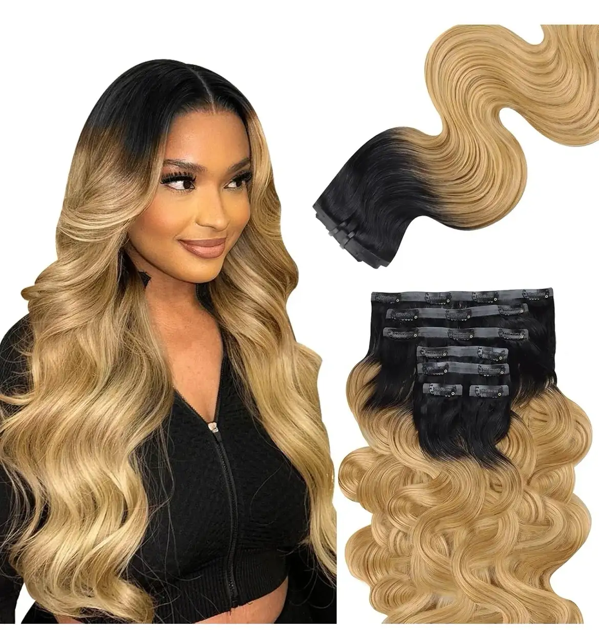 Extensiones de cabello humano con pinzas, sin costuras, 3.88 onzas (110 g), 7 unidades, 24 pulgadas, ondulado, negro natural degradado a rubio miel.