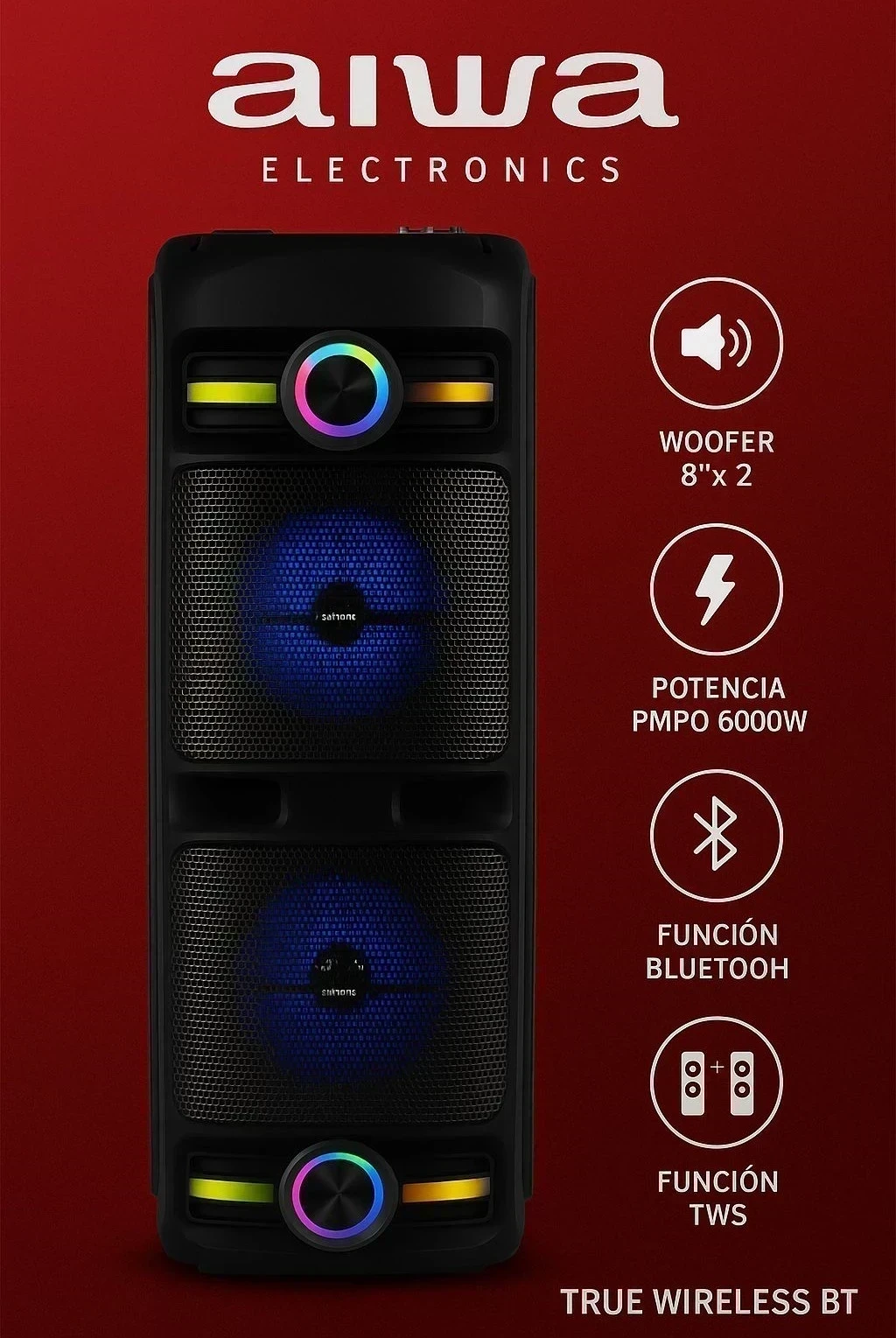 TORRE AIWA 6000W PMPO, WOOFER 2 X 8"