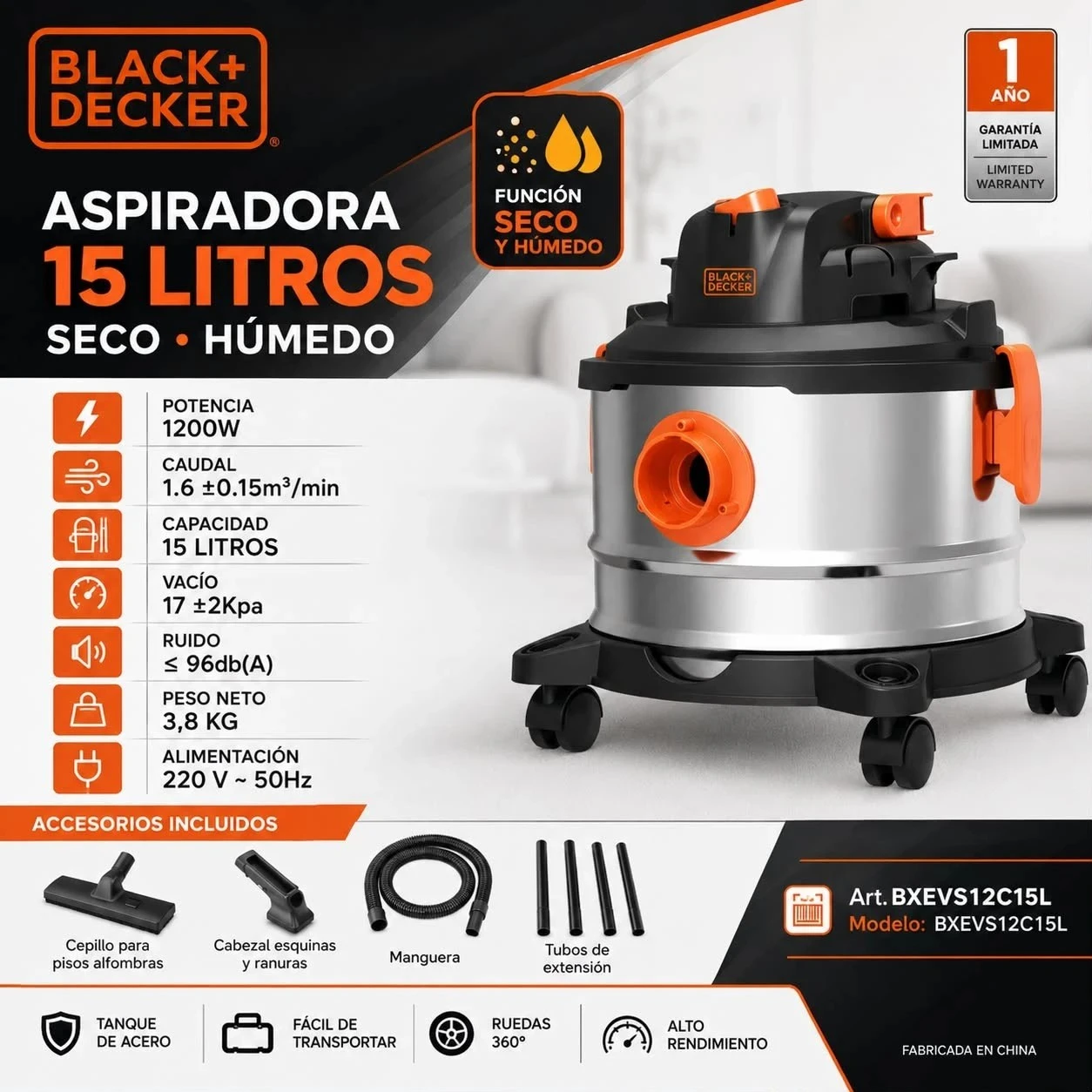 ASPIRADORA BLACK AND DECKER 15 LTS BXVEVS12c15L