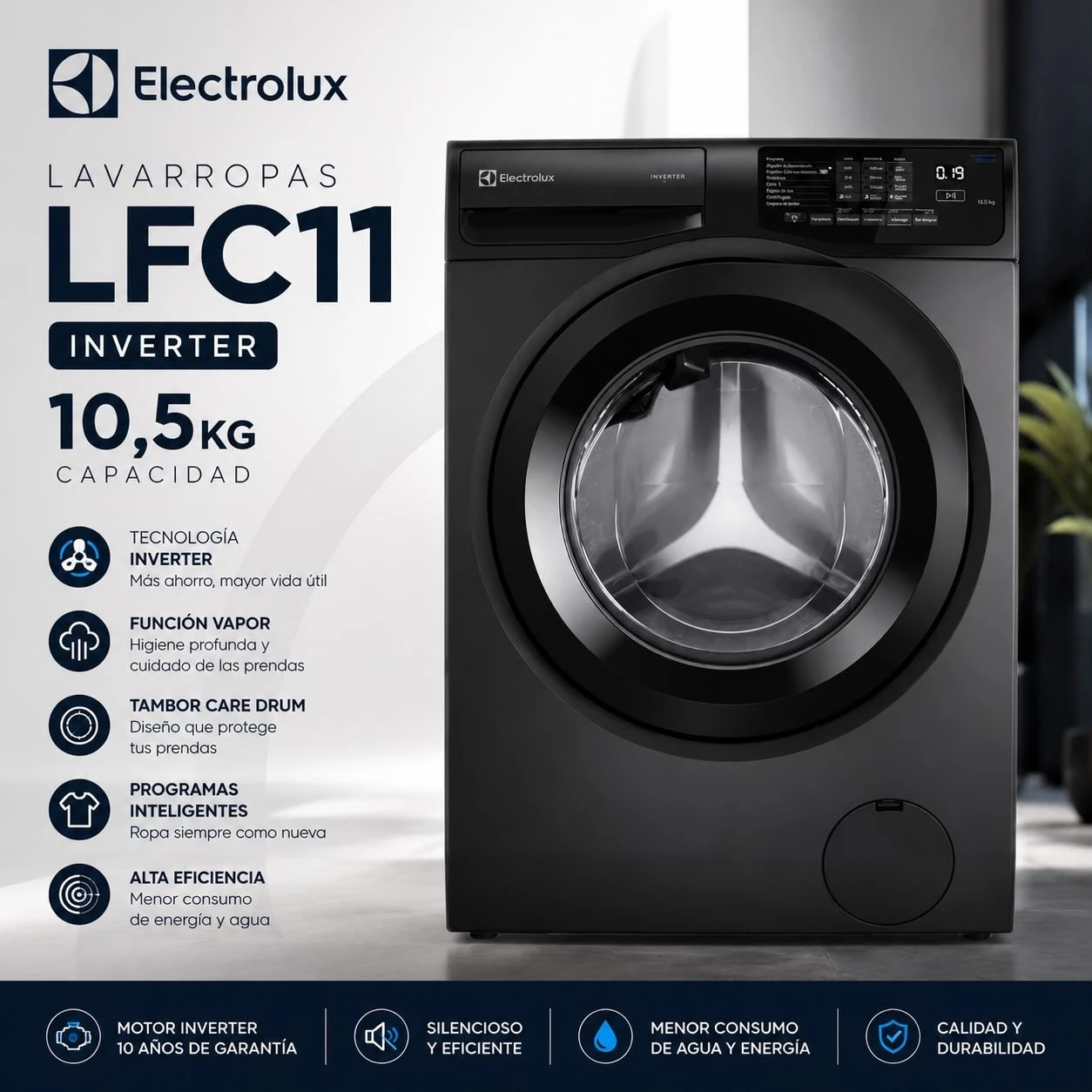 Lavarropas Electrolux 10,5KG SILVER Inverter LFC11*