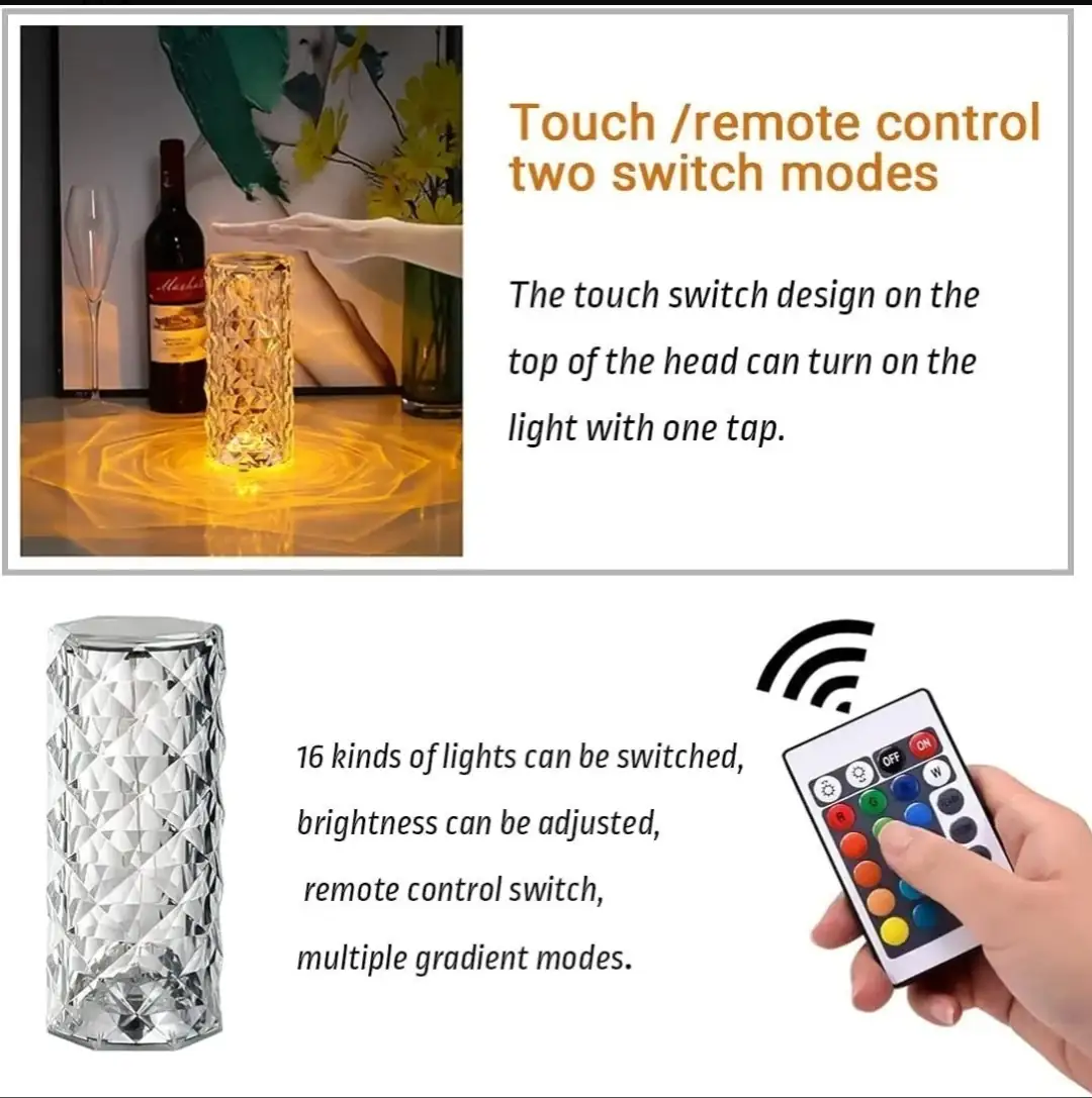 Lampara Touch Recargable Efecto Cristal Y Luz LED RGB + Control 2