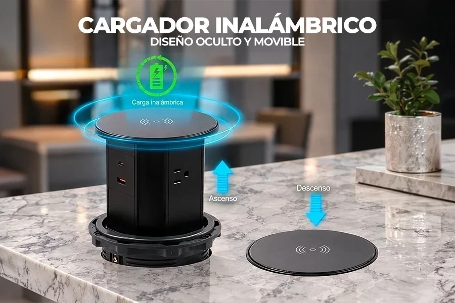 TOMACORRIENTE DE MESA EMPOTRABLE CON CARGA INALÁMBRICA 3 TOMACORRIENTES USB+C (CARGA RAPIDA) INPUT 110-265V AC OUT 18W IP65 CORTE 12CM M:22.5X15CM