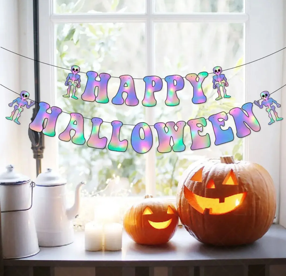 Guirnalda/banderin Happy Halloween calavera iridiscente 