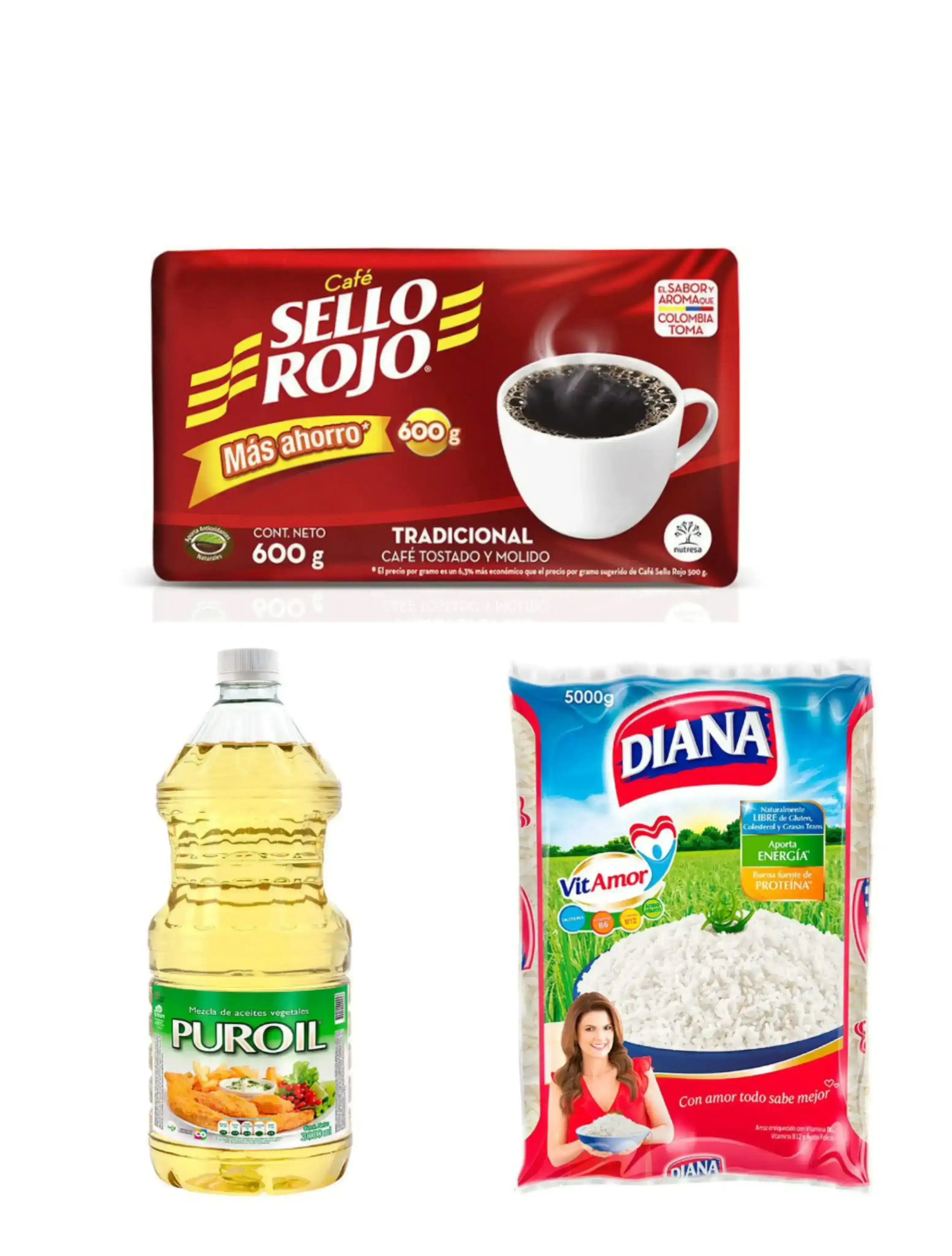 Promo x 3: Arroz Diana x 5kg + Aceite Puroil Vegetal 3L + Café Sello rojo x 600g