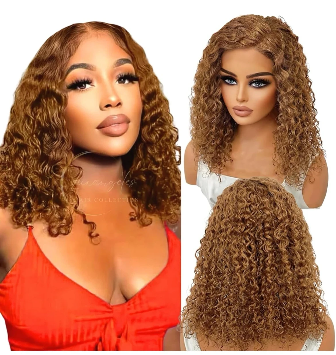 Peluca de cabello humano rizado rubio miel de 14 pulgadas, peluca prearrancada sin pegamento, peluca rizada de 13 x 4, color marrón brillante, peluca rizada 
