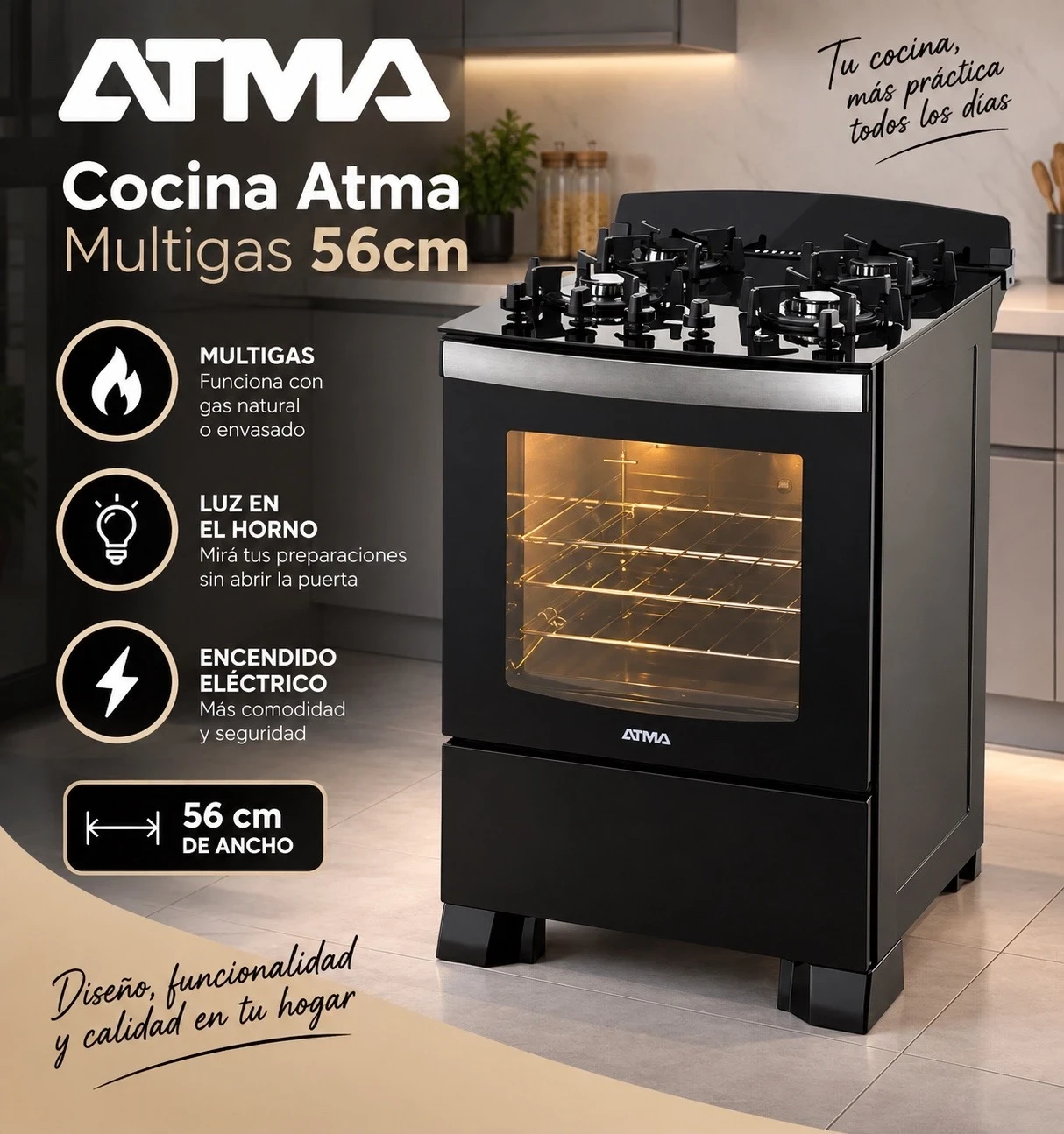 COCINA ATMA MULTIGAS 56CM NEGRA ‼️SOLO POR PEDIDO‼️