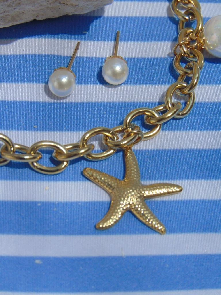 JUEGO ACERO DOR DIJES ESTRELLAS MAR PERLAS 2