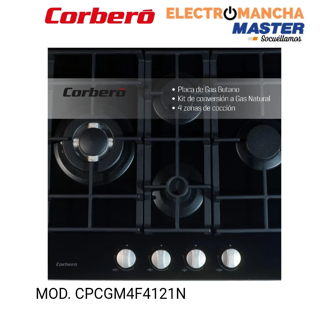 PLACA GAS CORBERÓ CPCGM4F4121N CRISTAL 4 FUEGOS BUTANO 4