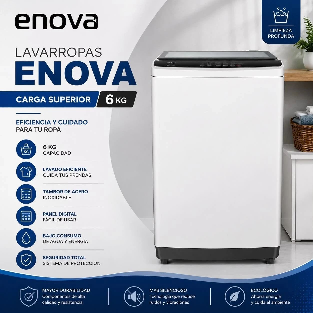 LAVARROPAS ENOVA 6KG 700RPM CARGA SUPERIOR*