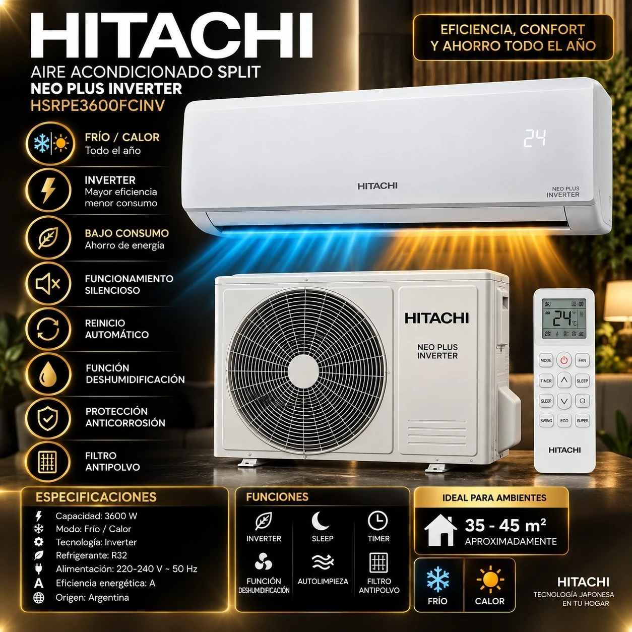 AIRE ACONDICIONADO HITACHI NEO PLUS INVERTER 3600W *CONSULTA DISPONIBILIDAD CON EL EL VENDEDOR*