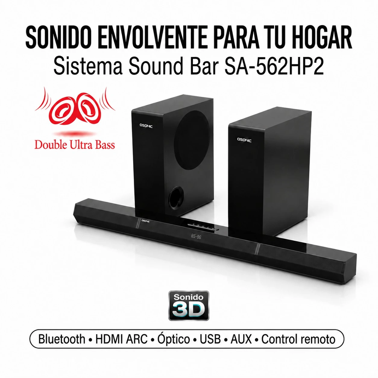 BARRA DE SONIDO 2.1 Q-SONIC, BT, USB, FM, AUX CON CONTROL 2
