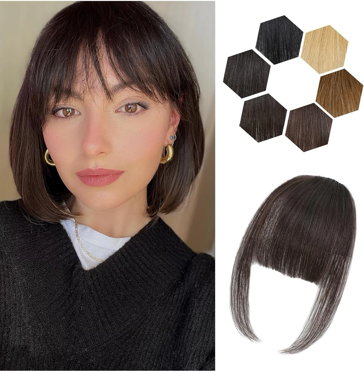 Flequillo con clip para mujer, 100 % cabello humano real, flequillo falso para uso diario (marrón oscuro, flequillo delgado)