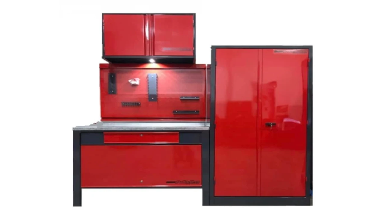 Armario porta herramientas grandes 0,45 x 0.90 x 1,80 mts + banco de trabajo 120 x 70 x 90 mts con cajón y puerta + tablero 1.20 x 0.80 mts + alacena (palladino)