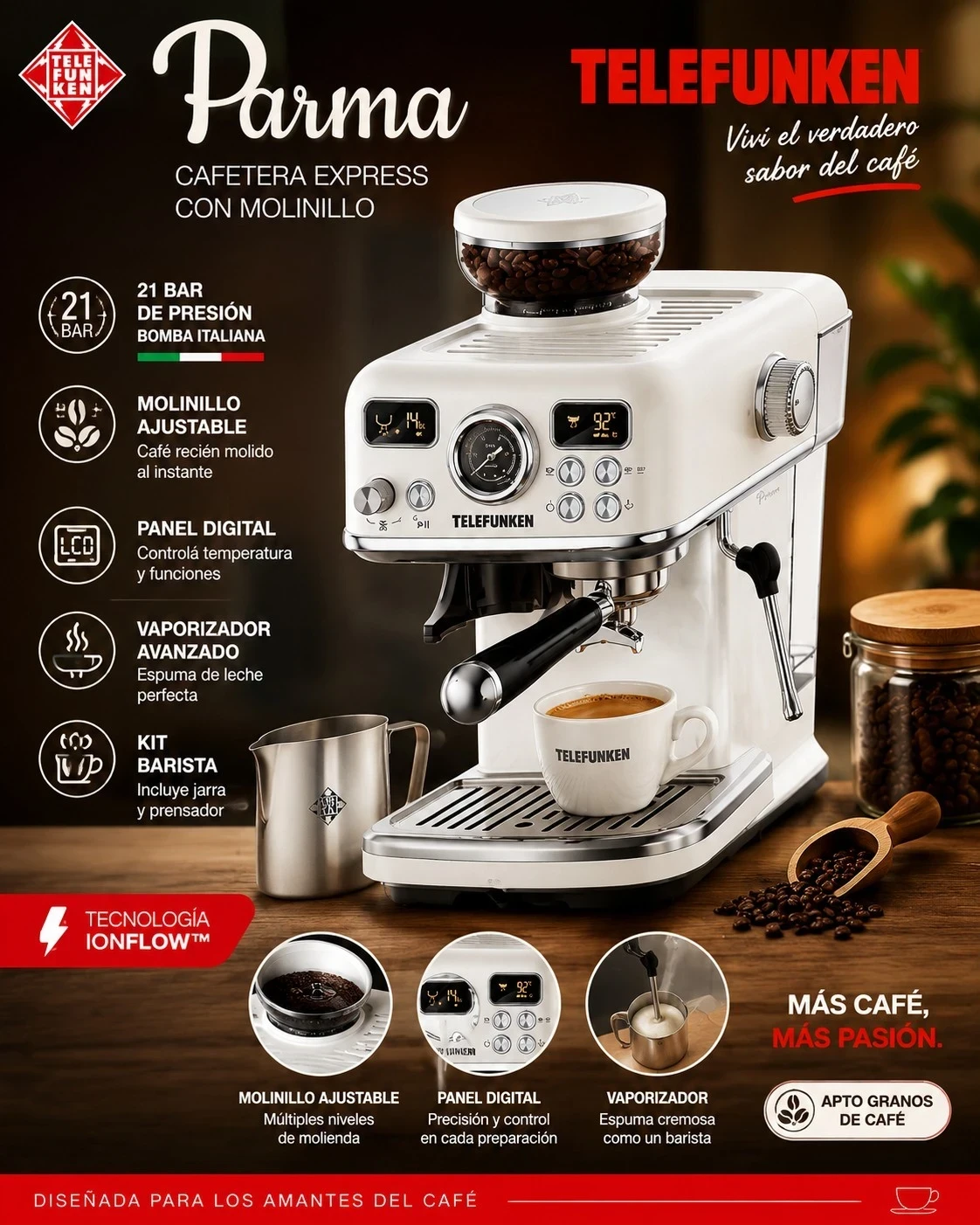 Cafetera Parma Expr C/Molinillo Blanca Telefunken