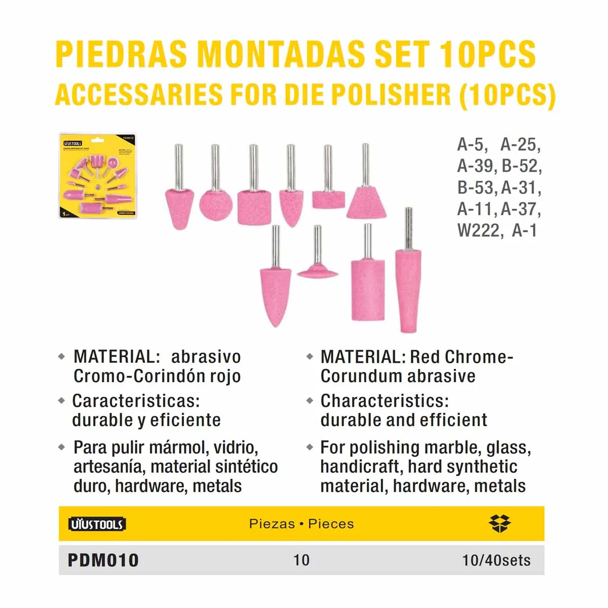 PIEDRA ESMERIL P/Taladro UYUST (Rosado) Montadas 10 PZS
