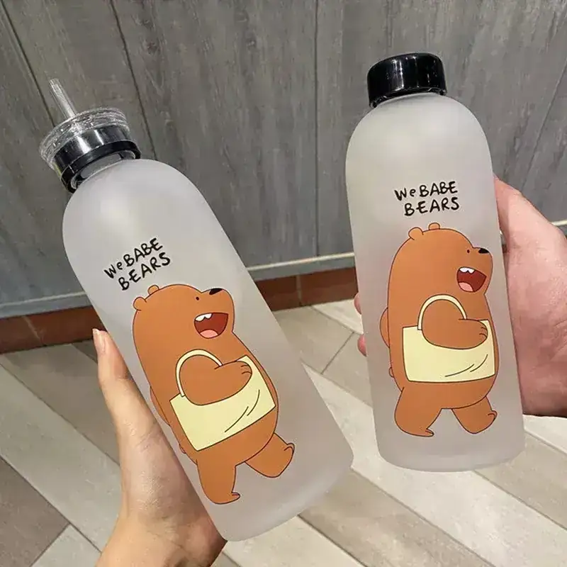 Linda taza de oso Panda, botellas de aqua de 1000ml con/sin pajita, botella de agua de dibujos animados, vasos esmerilados, coctelera de proteínas a prueba de fugas 3