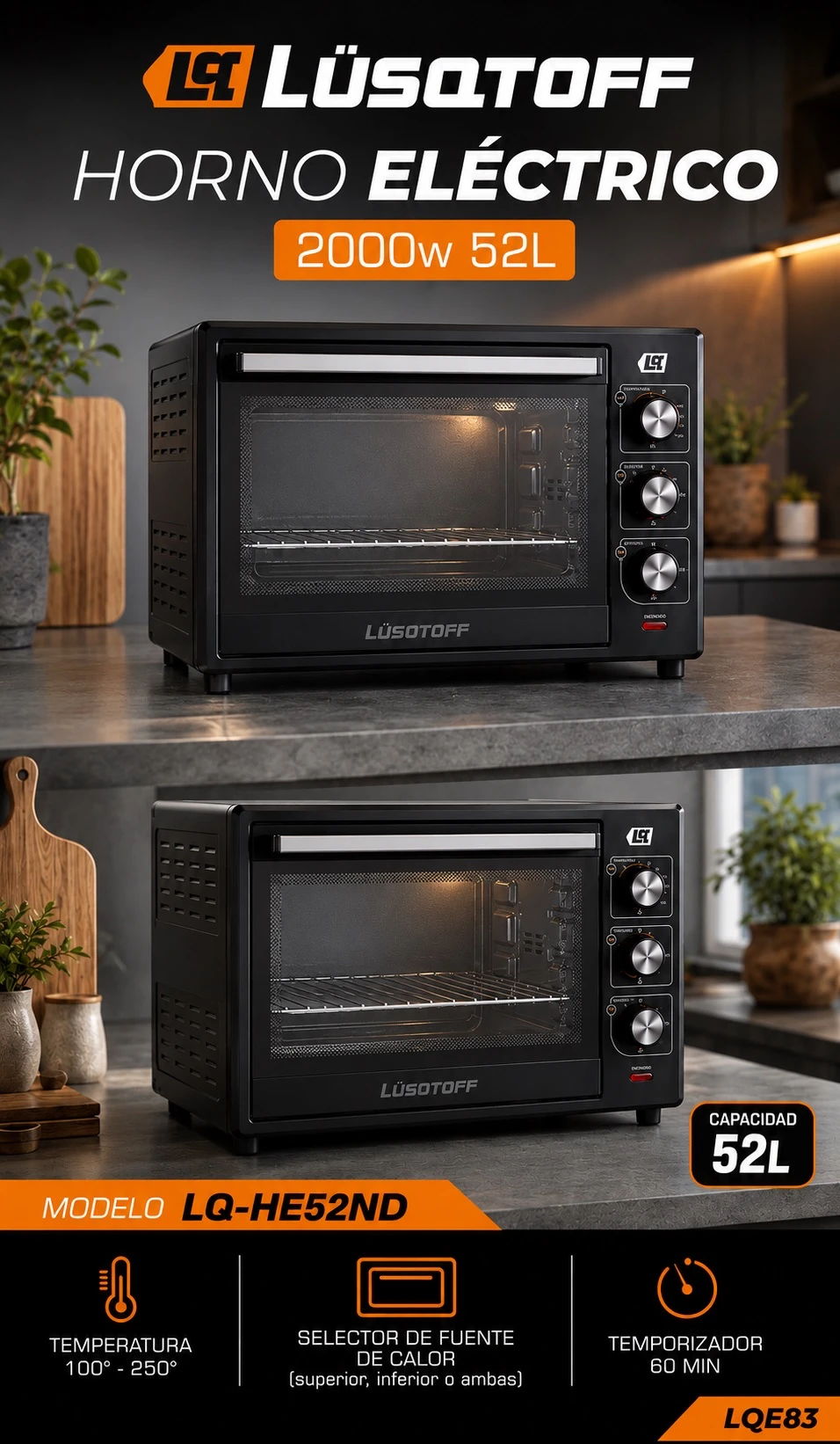 HORNO ELECTRICO LUSQTOFF 52LTS NEGRO