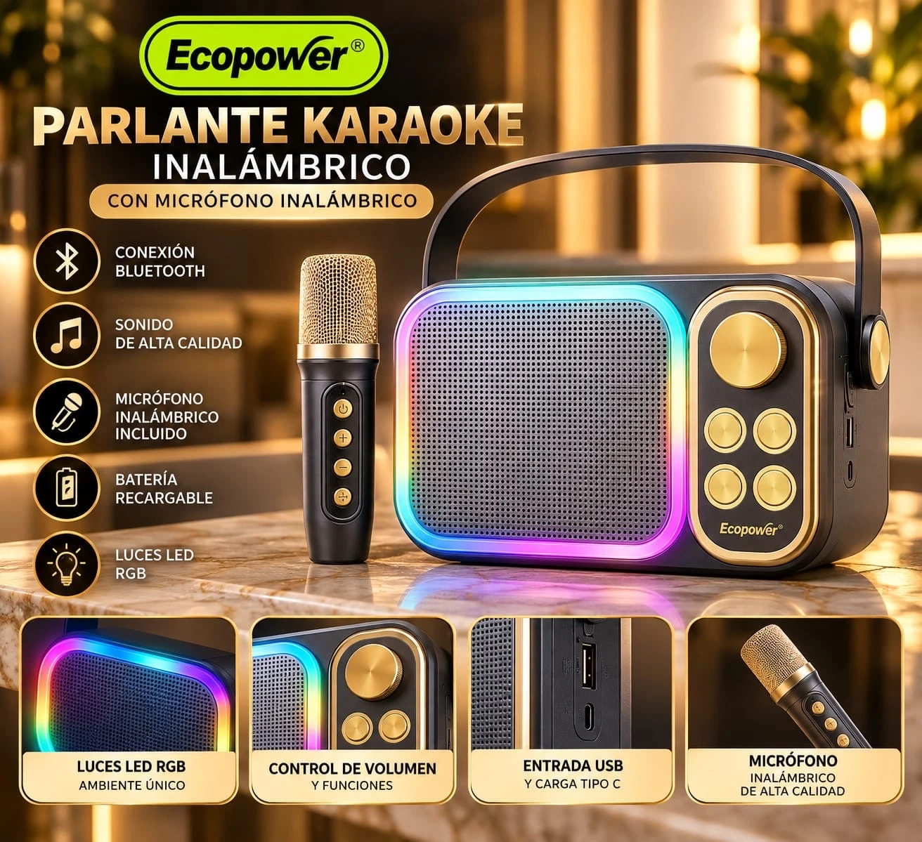 ECOPOWER PARLANTE KARAOKE INALÁMBRICO