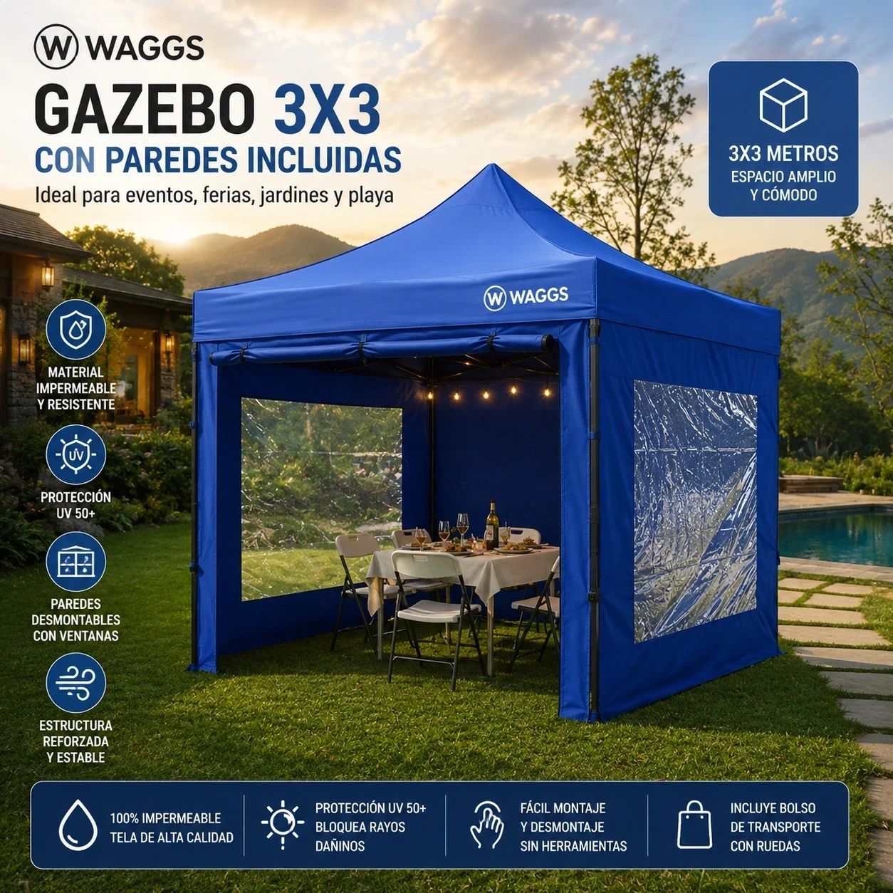 GAZEBO AZUL 3x3 CON PAREDES WAGGS PLEGABLE 