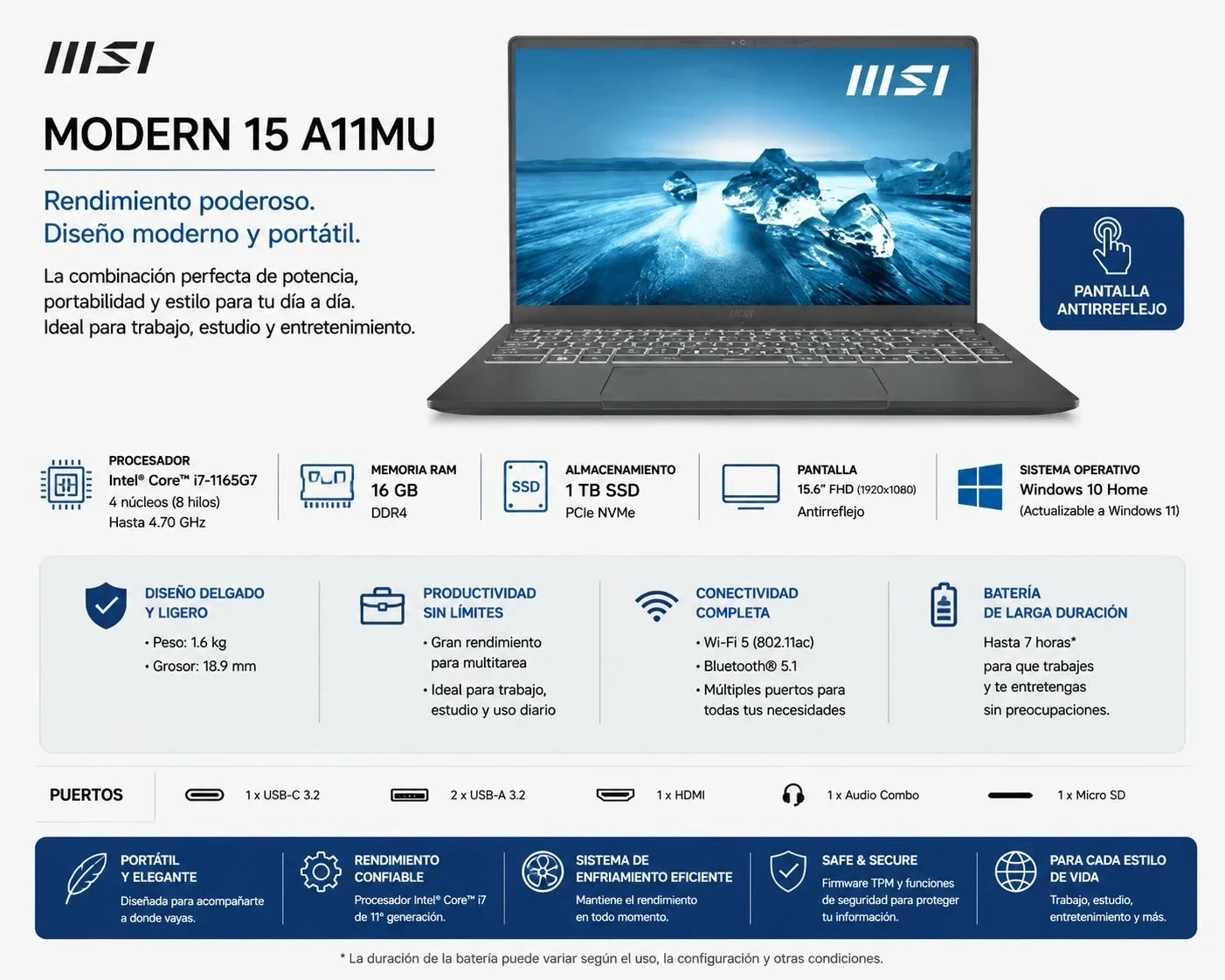 Notebook MSI 15" (Intel Core I7 | 16Gb Ram | 1tb Ssd |12va generación