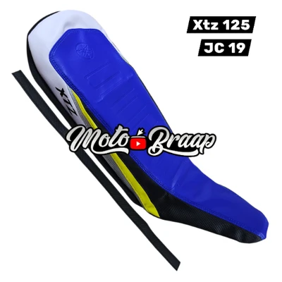 TP XTZ 125 Forro Tapizado premium Azul con franja amarilla, gris y cola blanca JC 19