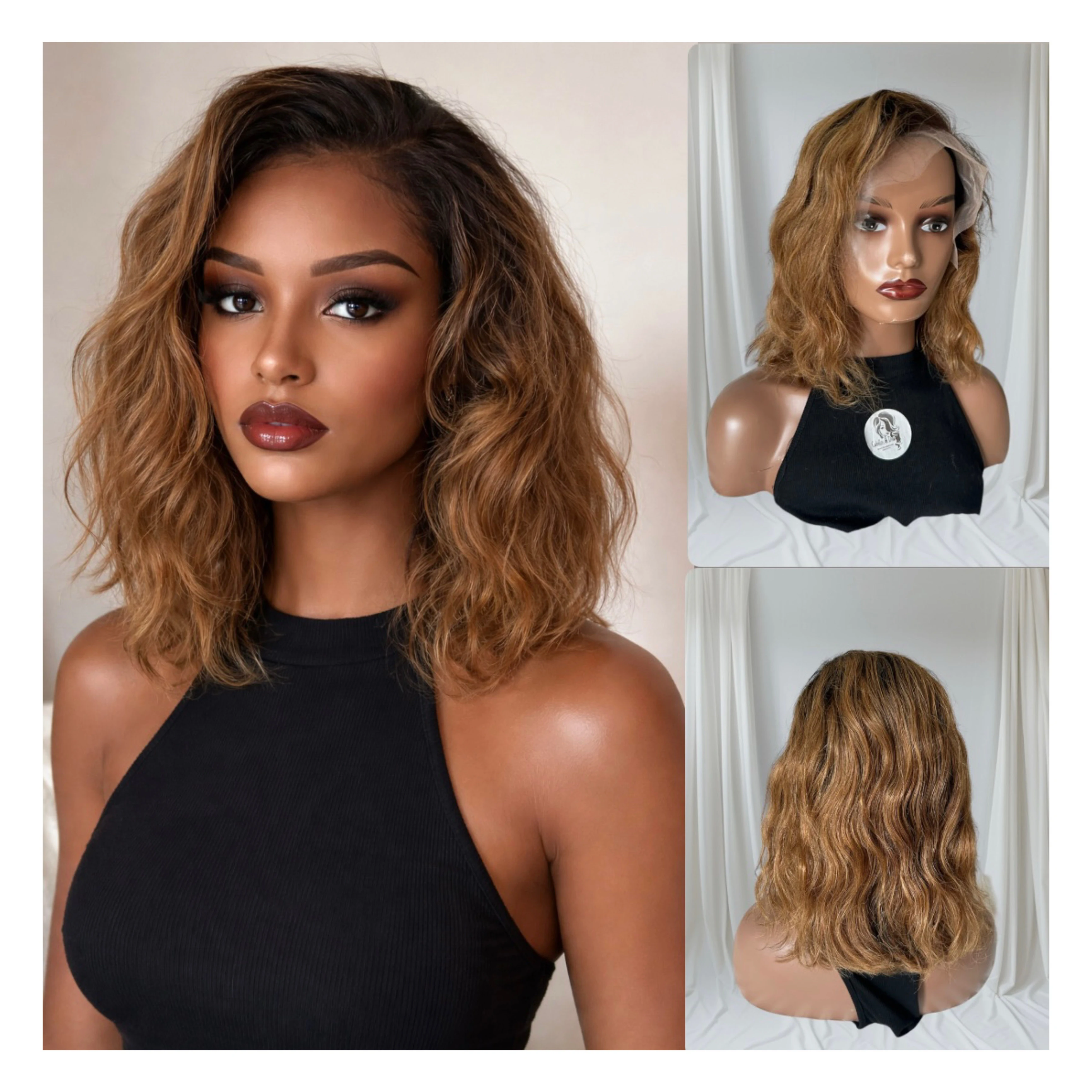 Peluca cabello humano 14 pulgadas, color 1B/27, frontal 13x4