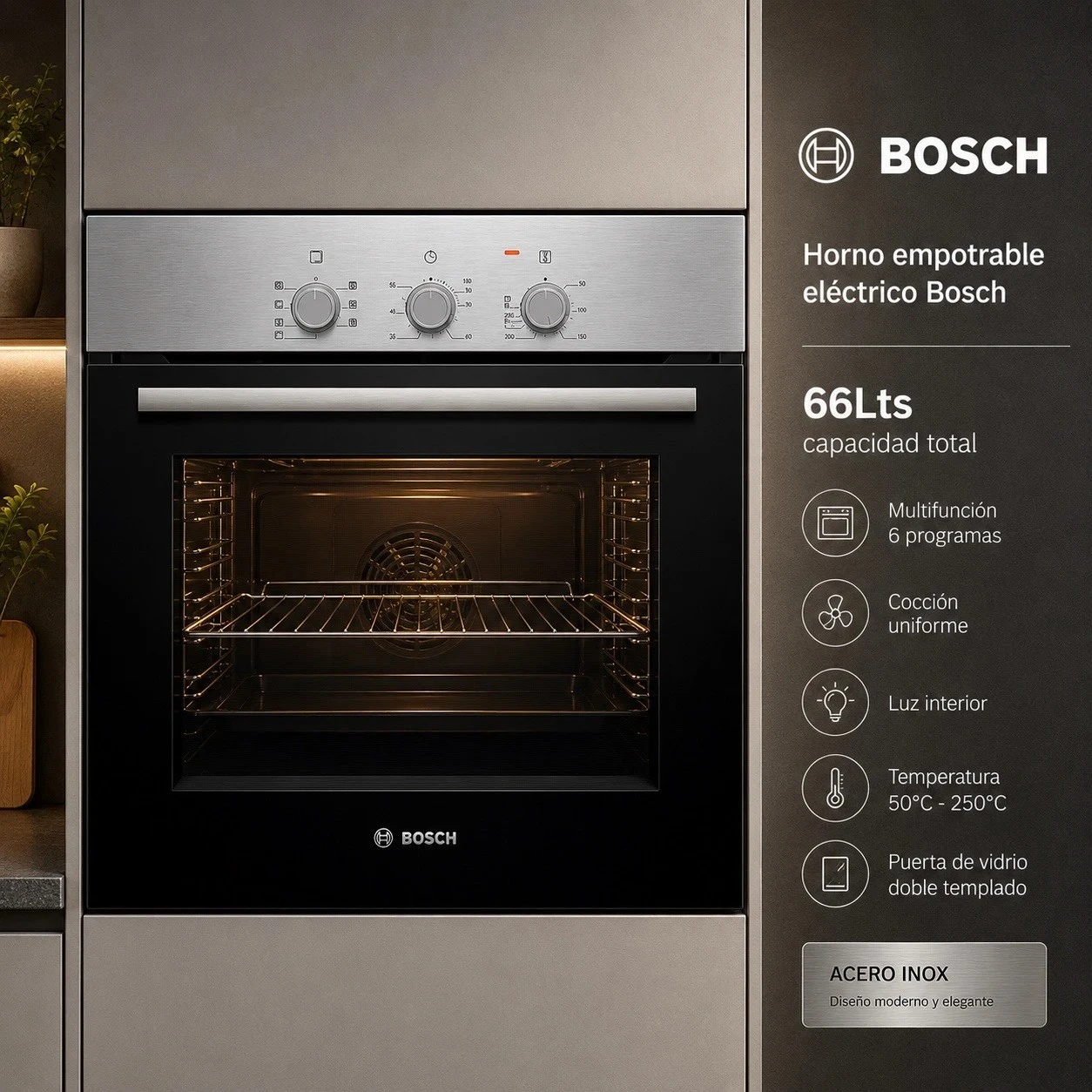 HORNO EMPOTRABLE ELÉCTRICO BOSCH HBF011BR0 66LTS COLOR ACERO INOXIDABLE