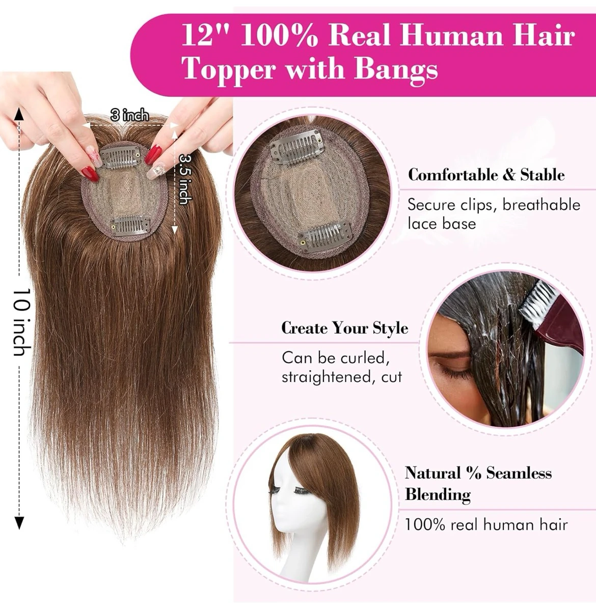 Toppers de cabello humano real para mujer, 12 pulgadas con flequillo, adorno para el cabello para mujeres con cabello fino, color marrón 2