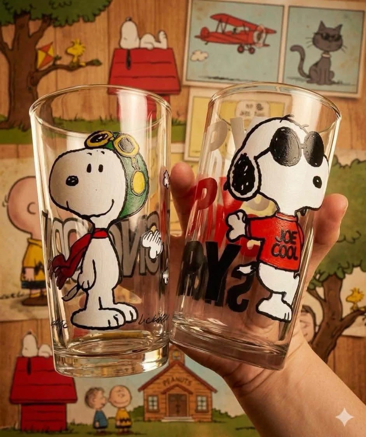 Paquete de 6 vasos de vidrio snoopy coleccion peanuts premium 4