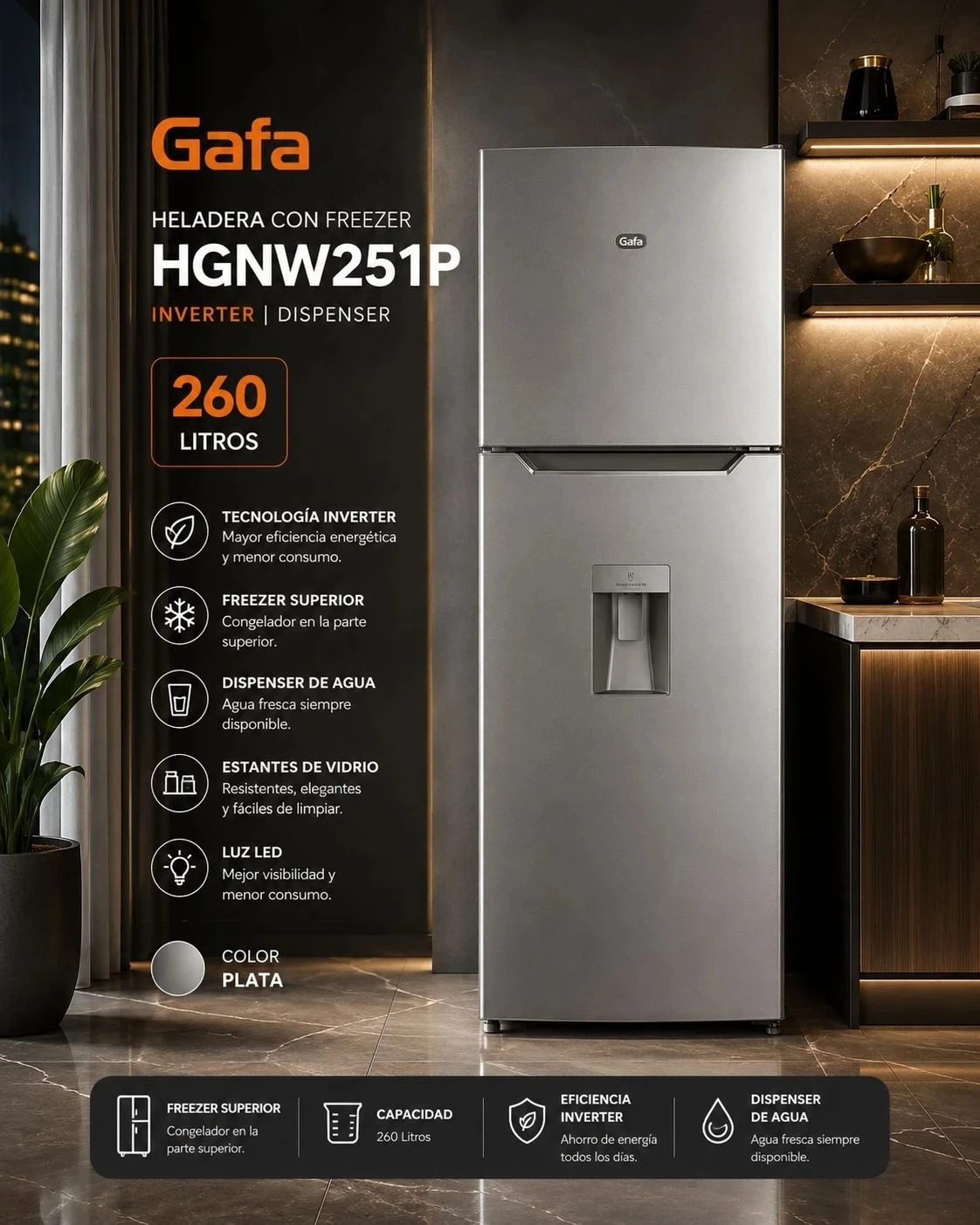  HELADERA GAFA INVERTER 260L SILVER C/DISPENSER  HGNW251P
