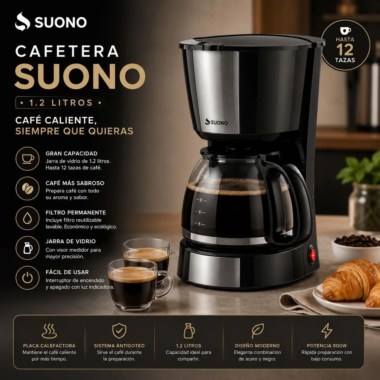 Cafetera Eléctrica de Filtro Jarra 1200 ml